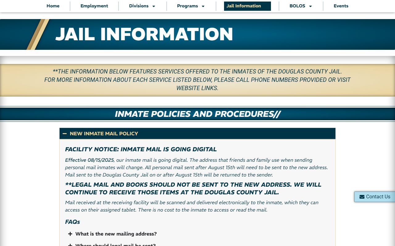 Douglas County Jail Information page with visitation and inmate service rules